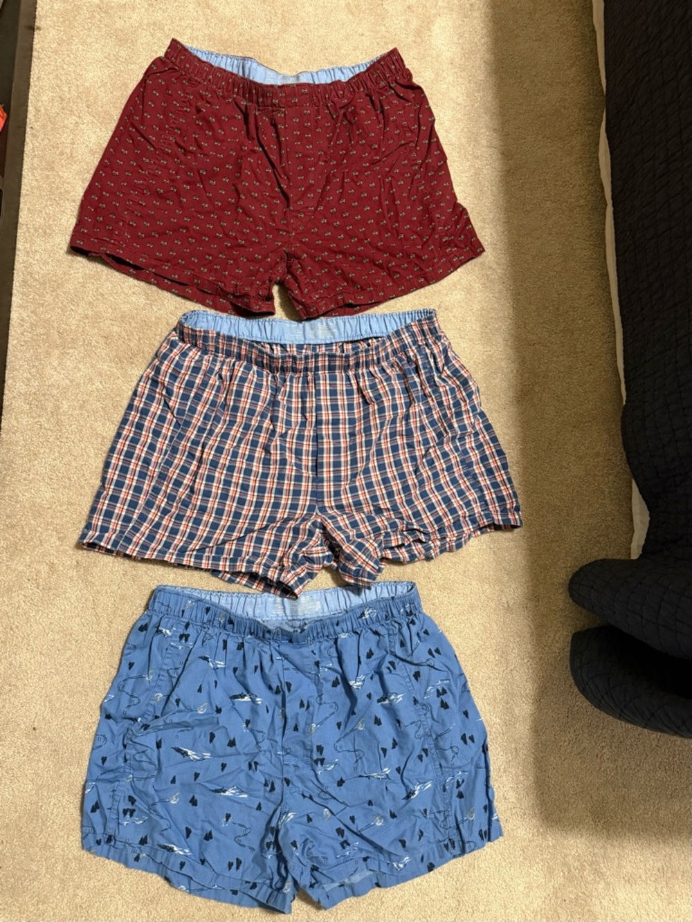 Banana Republic Factory Men 3 pair boxers-Burgundy Raccoon, Blue Plaid,Blue Ski